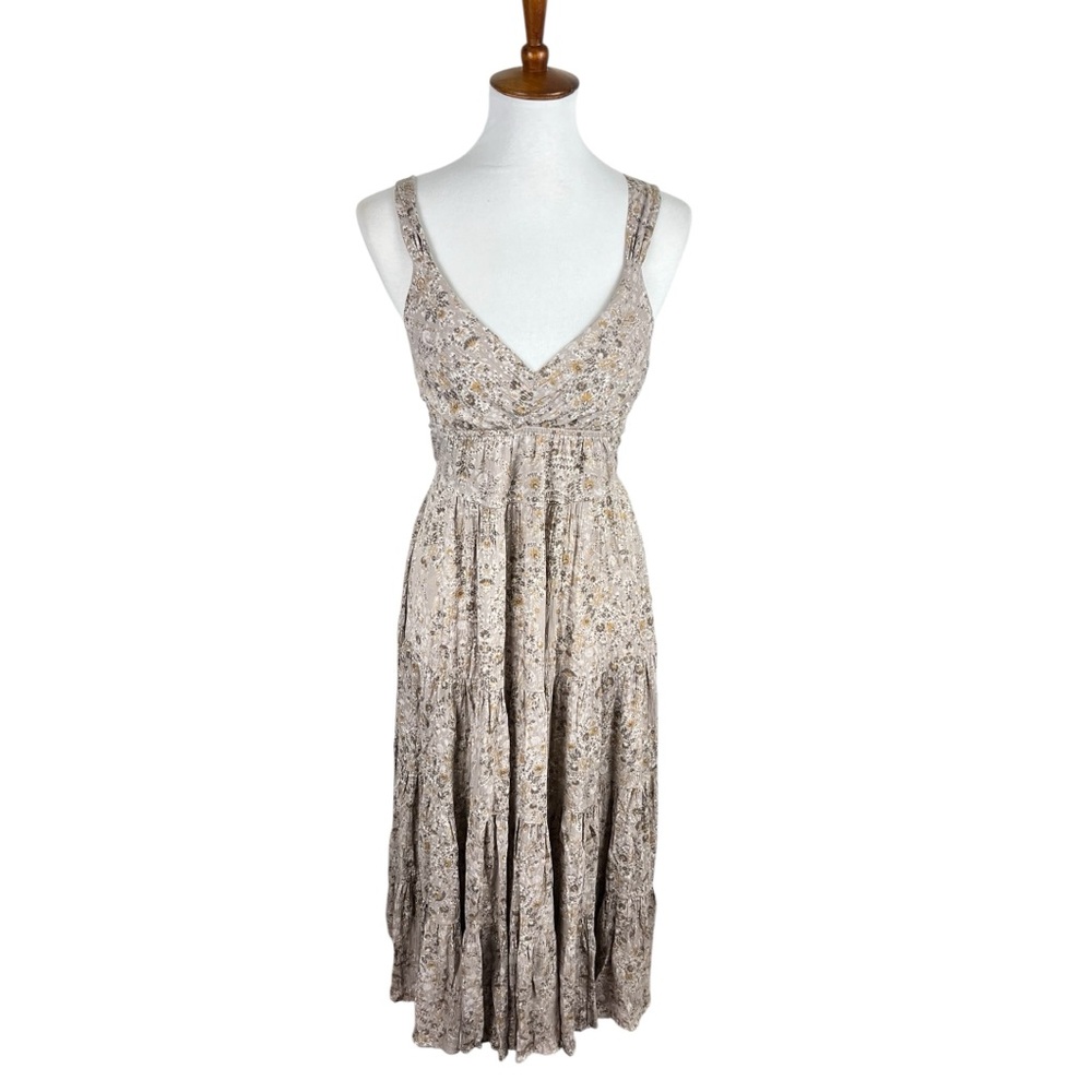 mahina Floral V‑Neck Beige Tiered Midi Dress